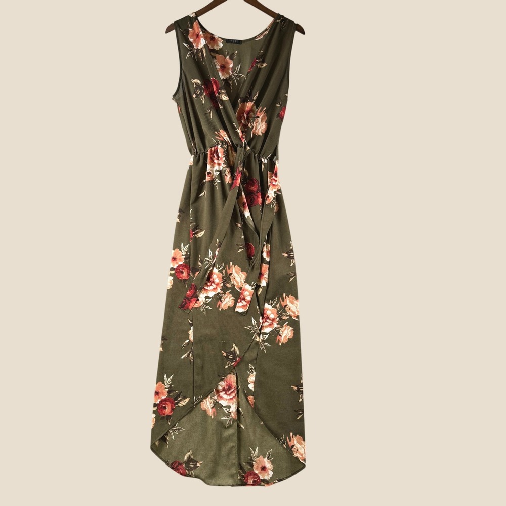 Vintage Scobe Romper Maxi Dress Women L Green Floral Sleeveless‎ Faux Wrap Party